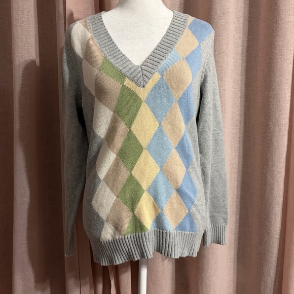 Liz Claiborne Cotton Y2k Argyle V Neck Sweater Sz Large - Picture 1 of 3